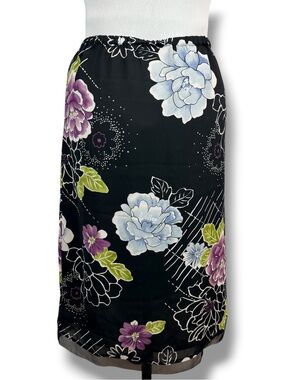 Y2K George Black Floral Midi Pencil Skirt Medium Pull On Cottagecore Modest
